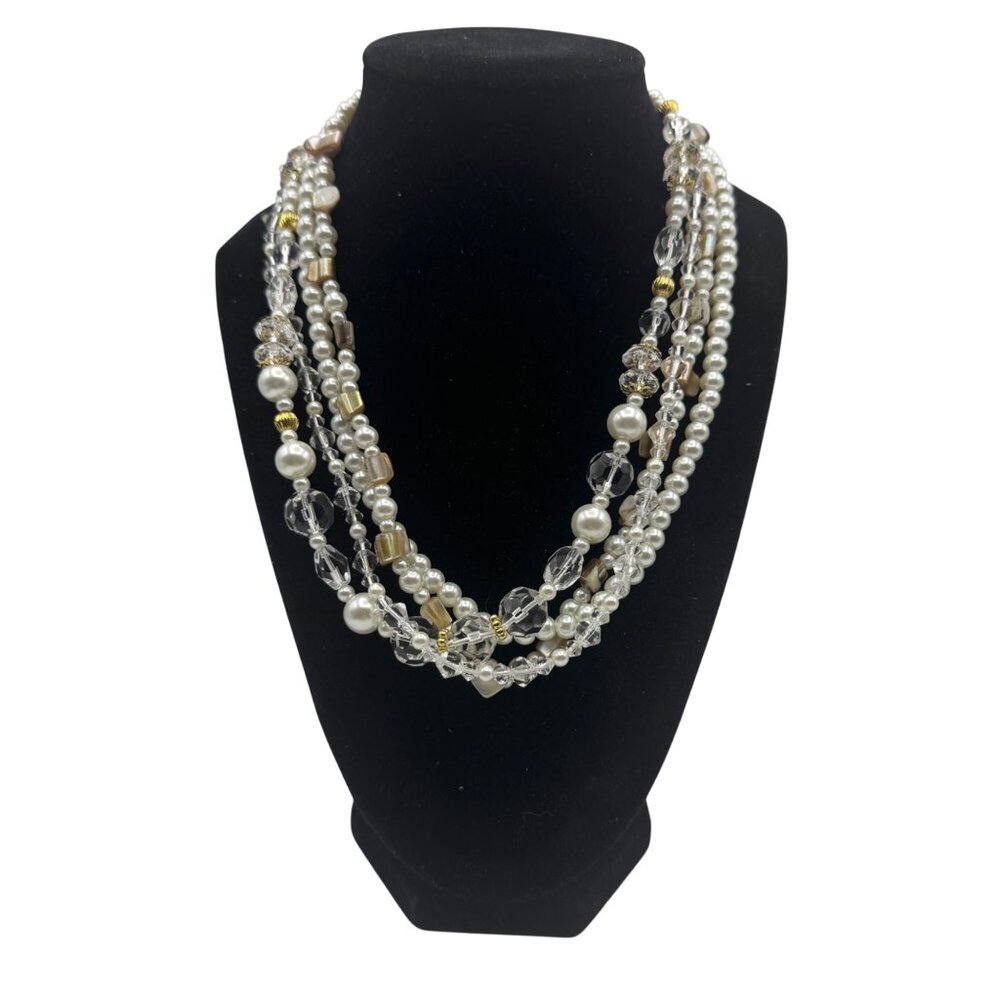 Multi-Strand Beaded Pearl & Crystal Necklace Adjustable White Gold Clear